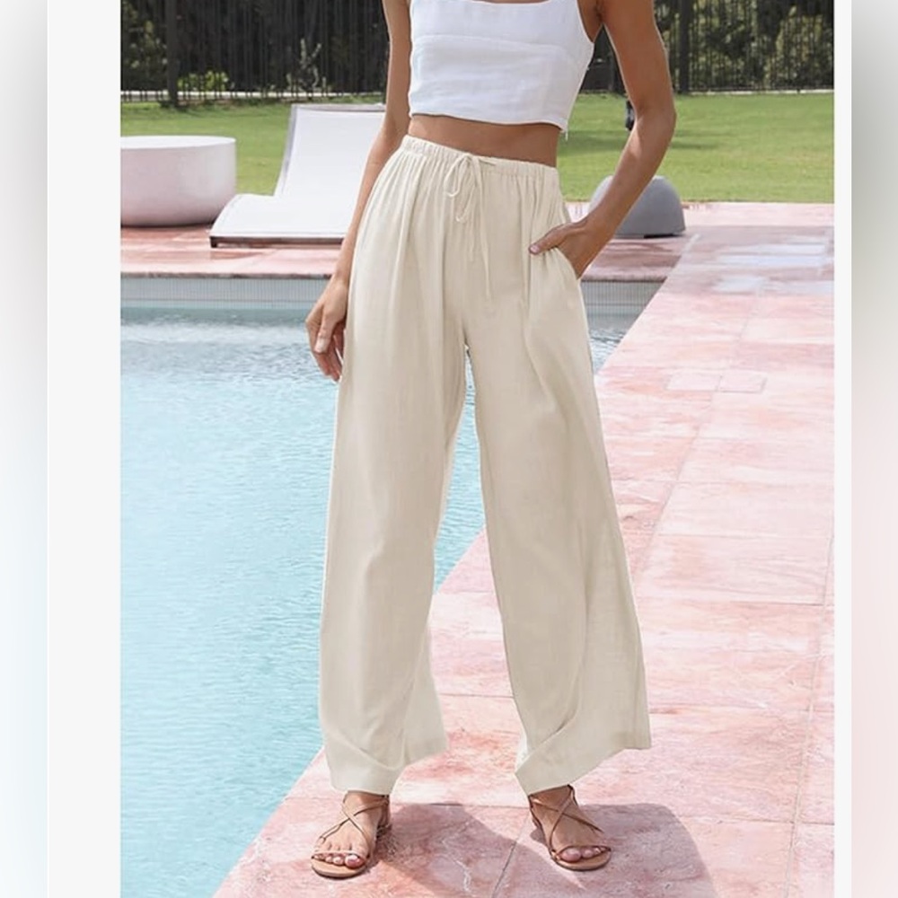 High Waisted Cream Wide-Leg Linen Pants